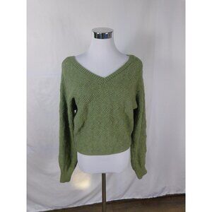 Pink Rose Sweater Womens Small Green Textured Knit V Neck Pullover Soft Cozy